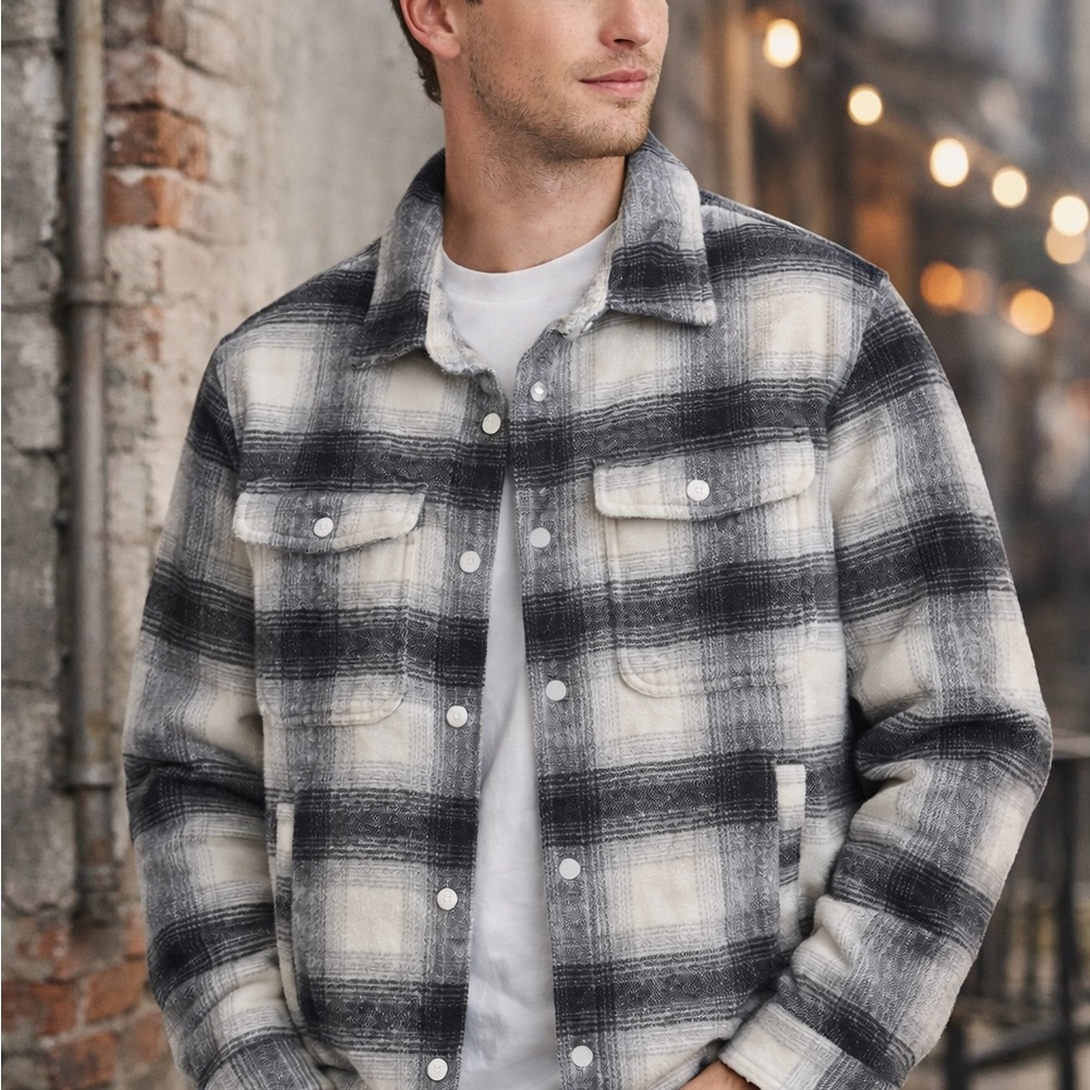American Eagle Men’s Medium Oversized Plaid Shacket Gray Cream Grunge Streetwear